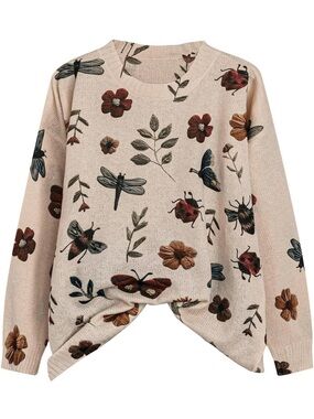 Chic Nation Beige Floral & Bug Print Crewneck Sweater